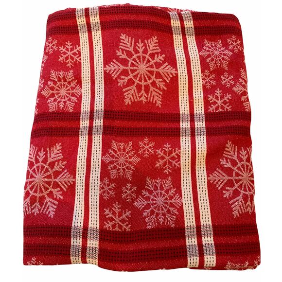 St Nicholas Square Red Tablecloth Plaid Snowflakes 114" x 55" Cotton Blend - Picture 1 of 8